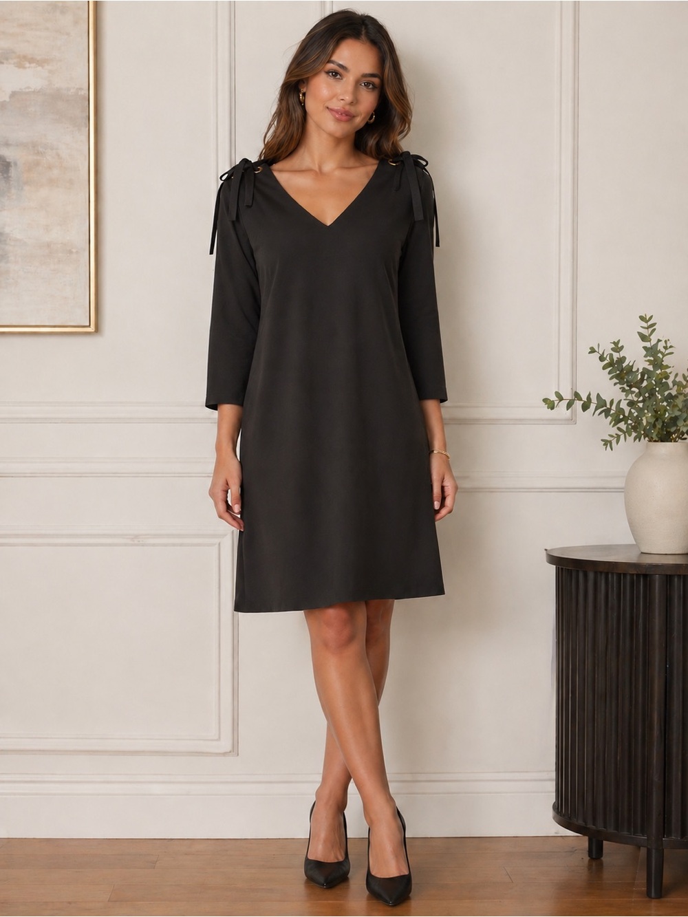 Tahari Black V-Neck Tie-Shoulder Dress